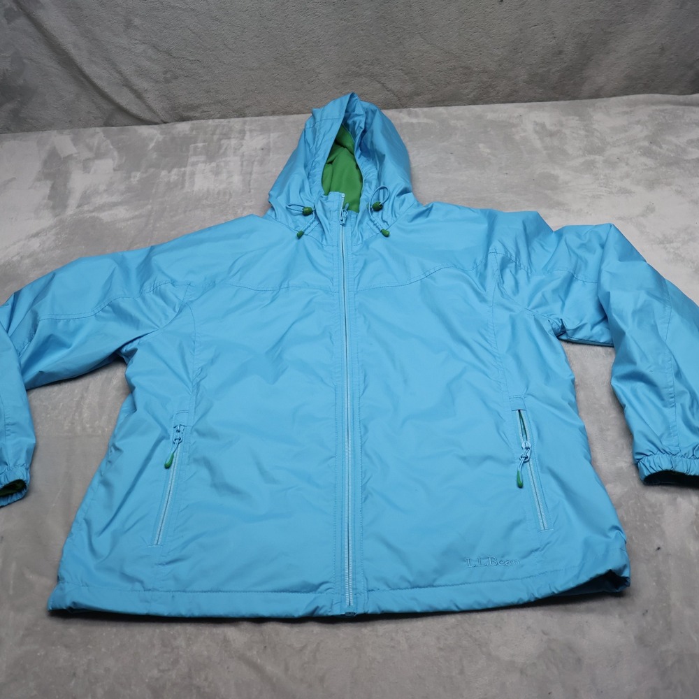 LL Bean Jacket Womens Medium Blue Full Zip Hooded Ripstop Windbreaker Outdoor